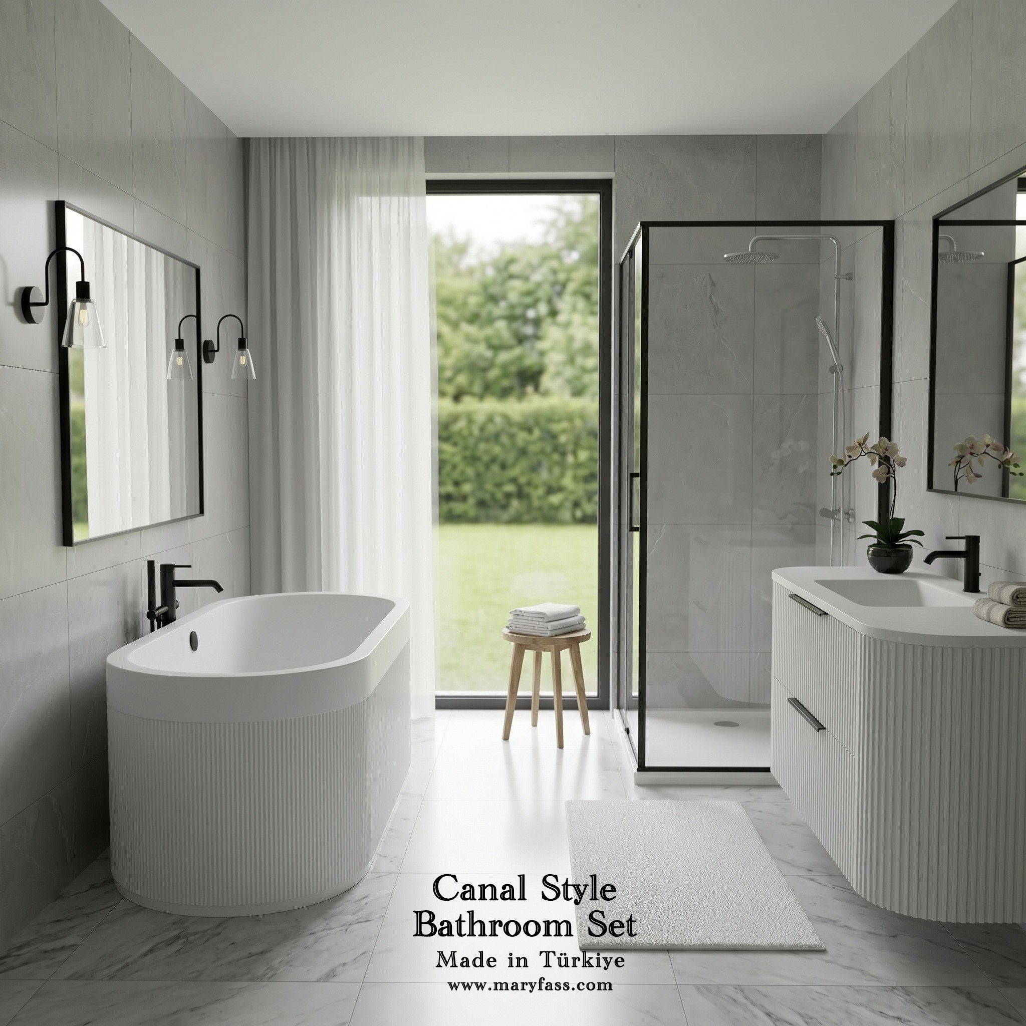 Canal Style Bathroom Set, Architectural Elegance in Solid Surface Made in Turkey