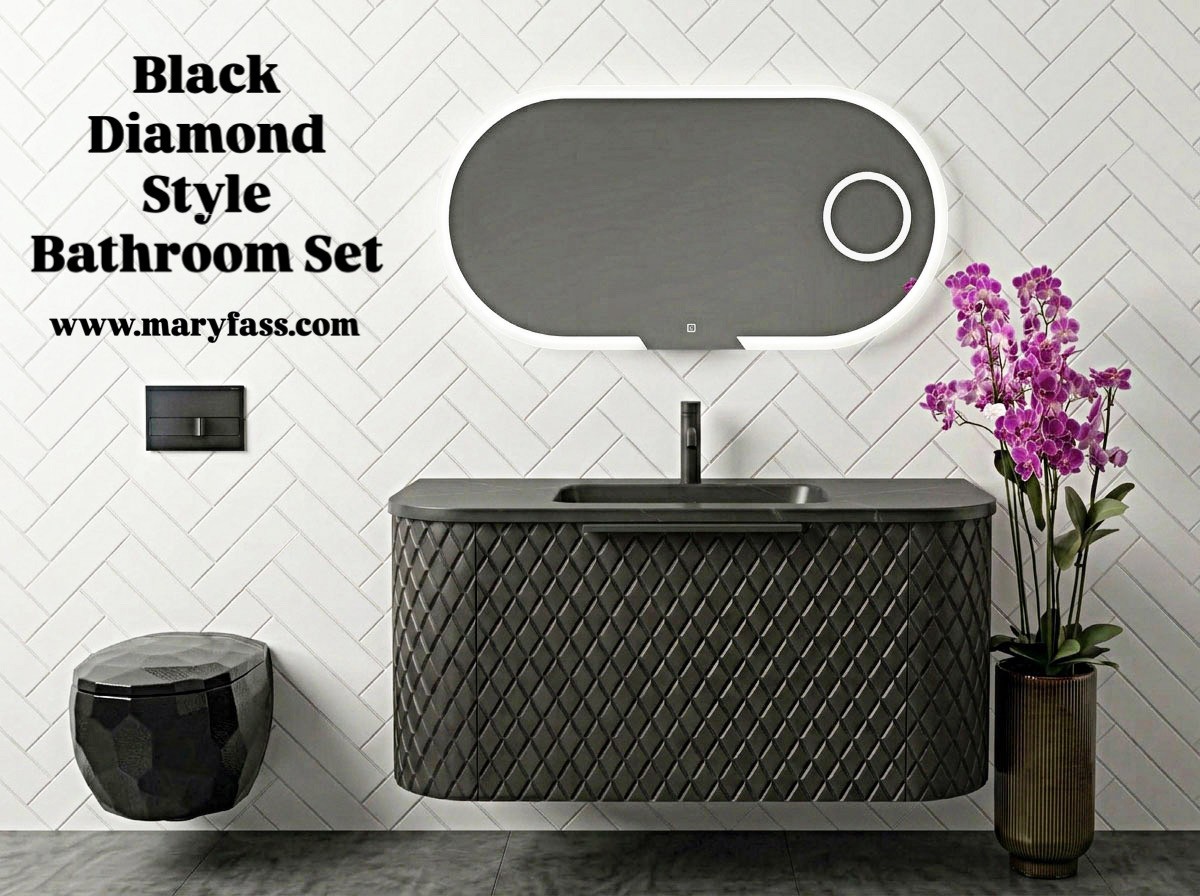 Maryfass Black Diamond Corian bathroom vanity with geometric textured facade and integrated seamless sink against a white tiled wall.