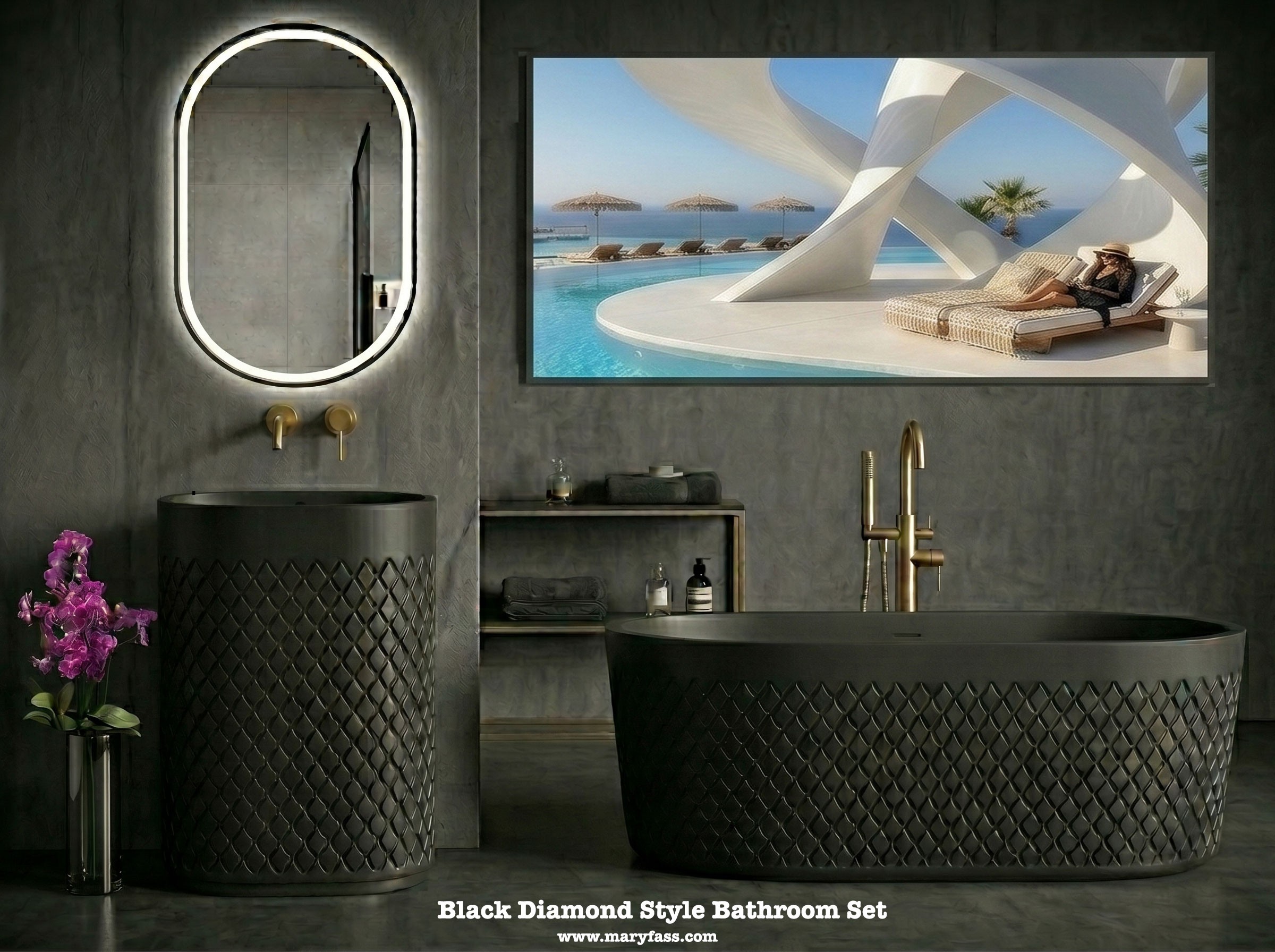 Diamond Style Bathroom Set, Architectural Elegance in Solid Surface Made in Turkey