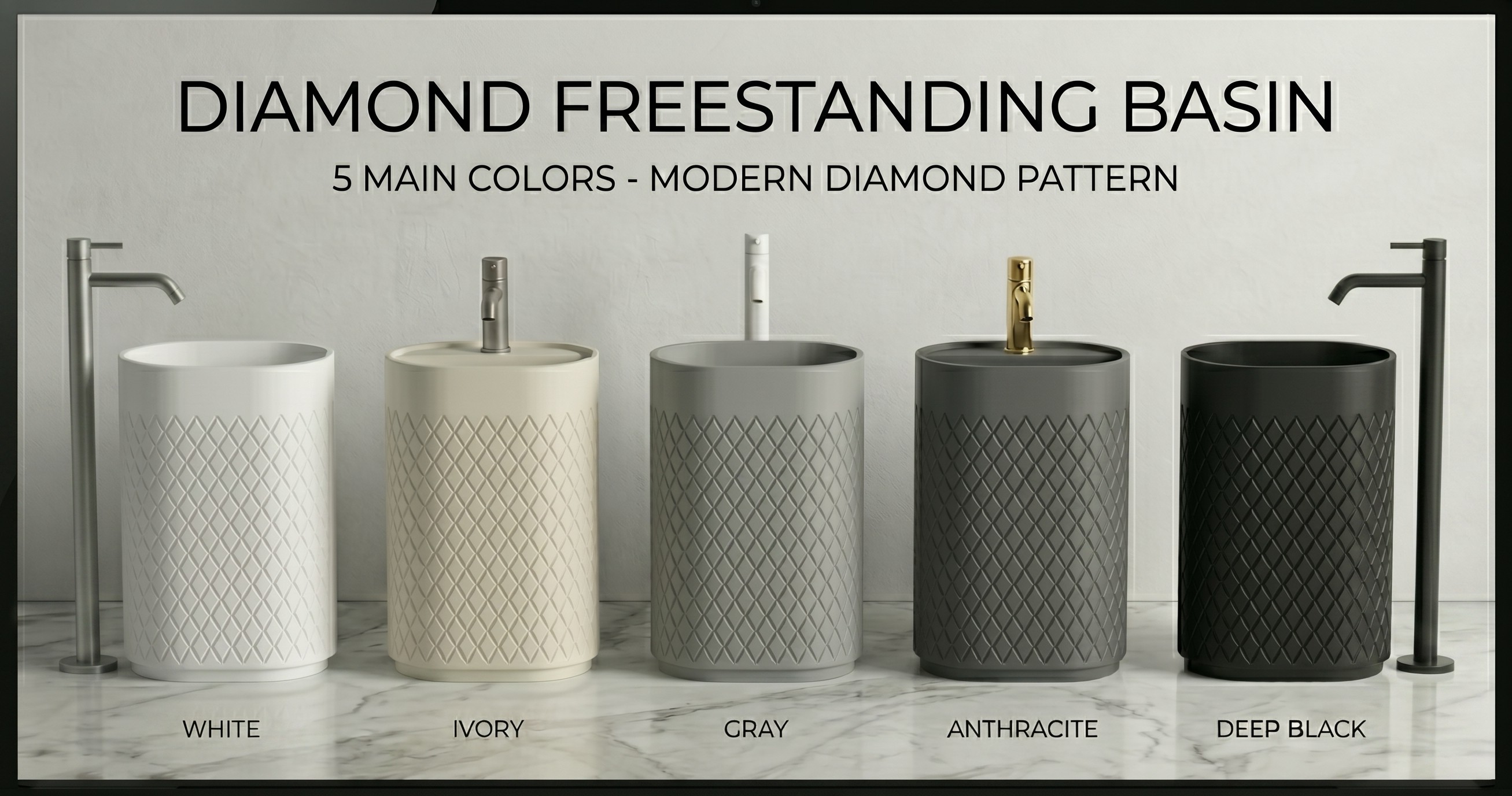 Diamond Style Bathroom Set, Architectural Elegance in Solid Surface Made in Turkey
