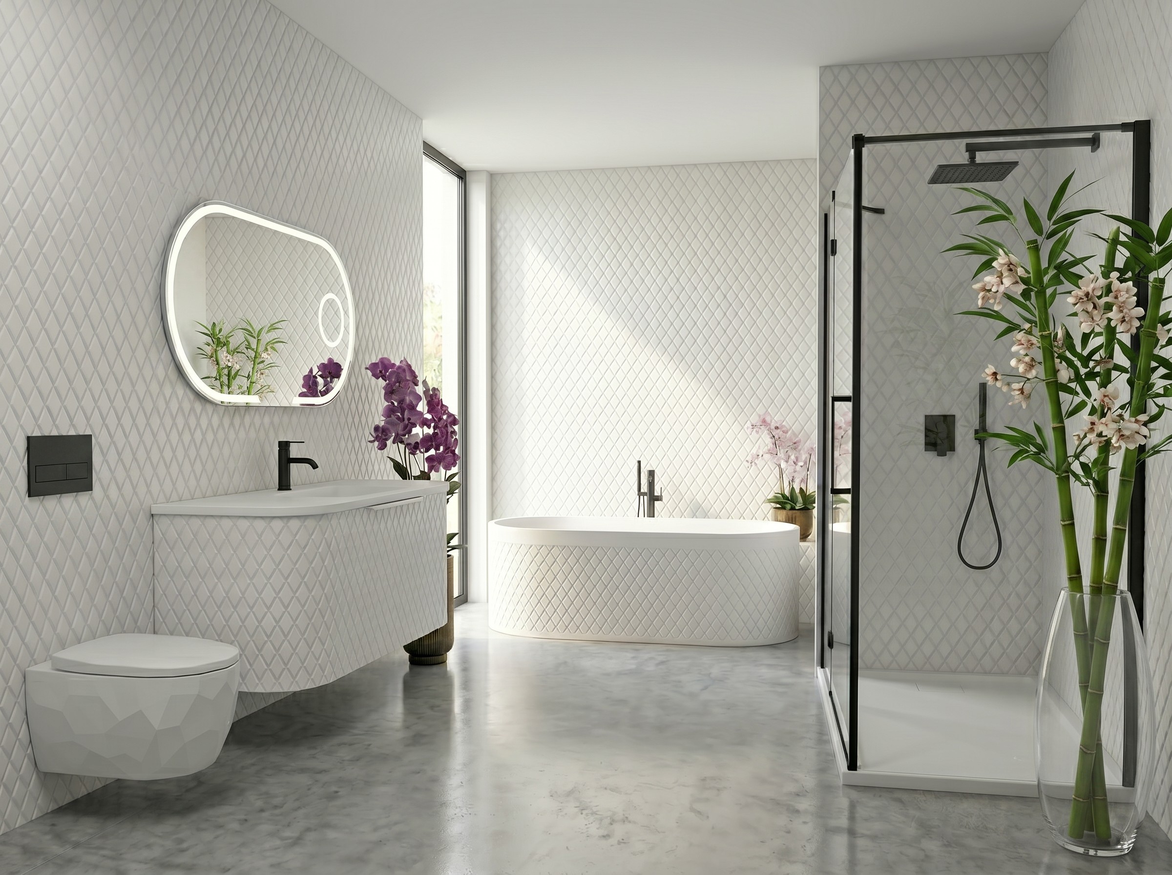 Diamond Style Bathroom Set, Architectural Elegance in Solid Surface Made in Turkey