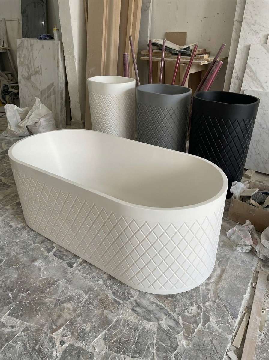 Diamond Style Bathroom Set, Architectural Elegance in Solid Surface Made in Turkey