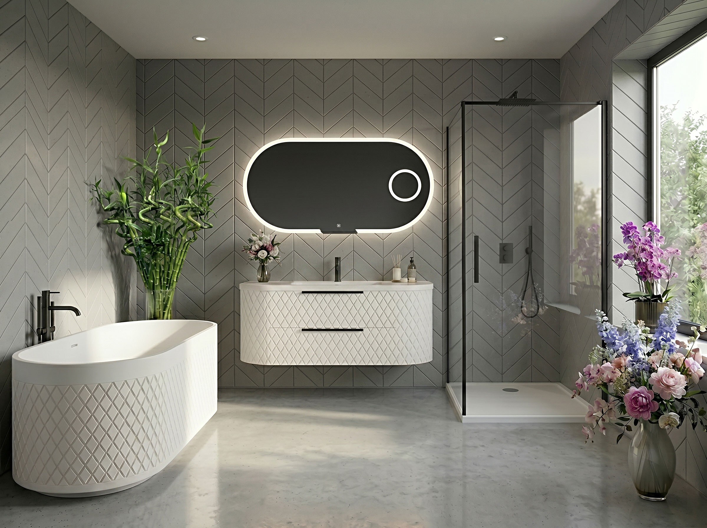Maryfass Black Diamond Corian bathroom vanity with geometric textured facade and integrated seamless sink against a white tiled wall.