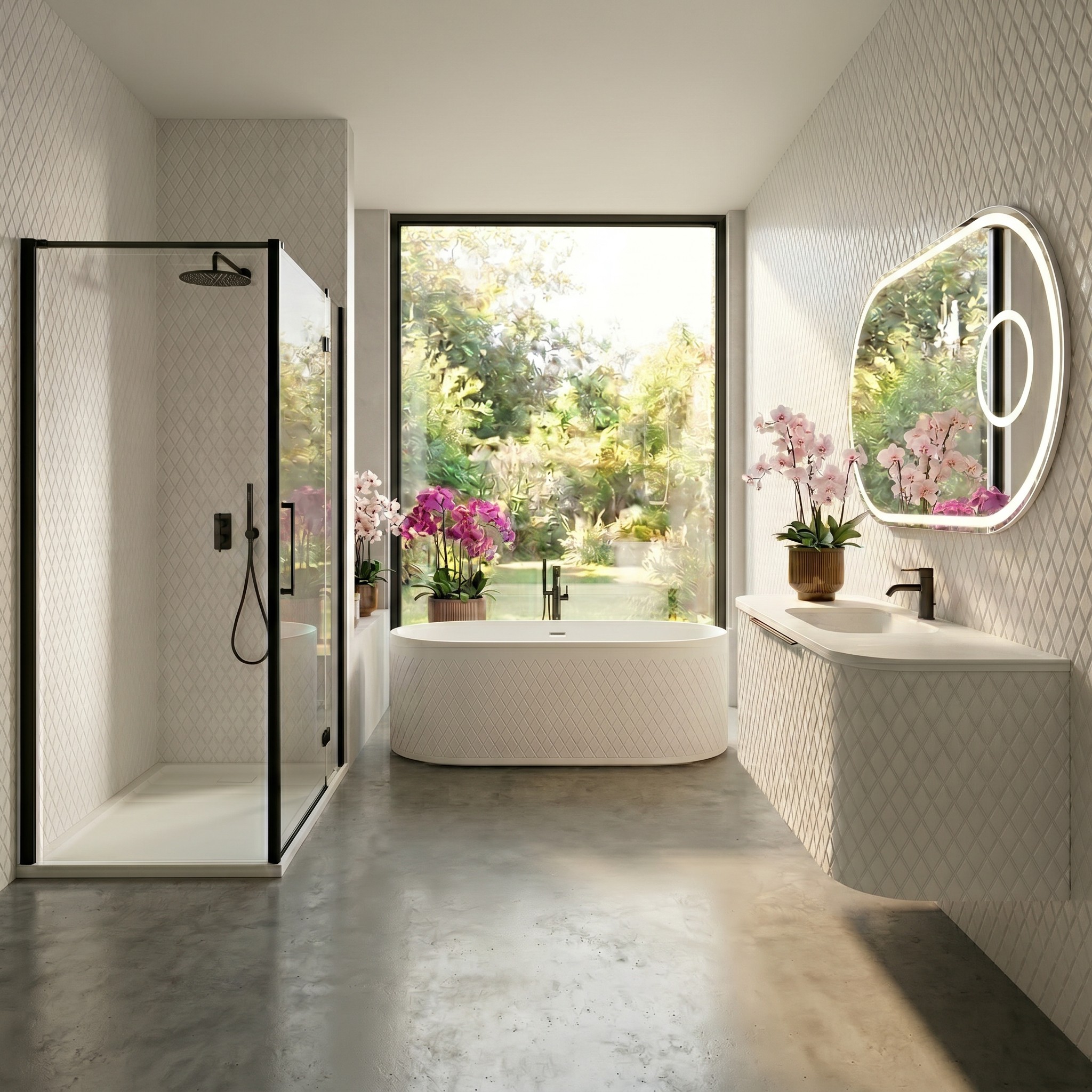 Maryfass White Diamond Corian bathroom vanity with geometric textured facade and integrated seamless sink against a white tiled wall.
