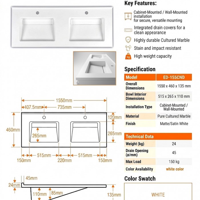 ED-155 Cultured Marble Vanity Top