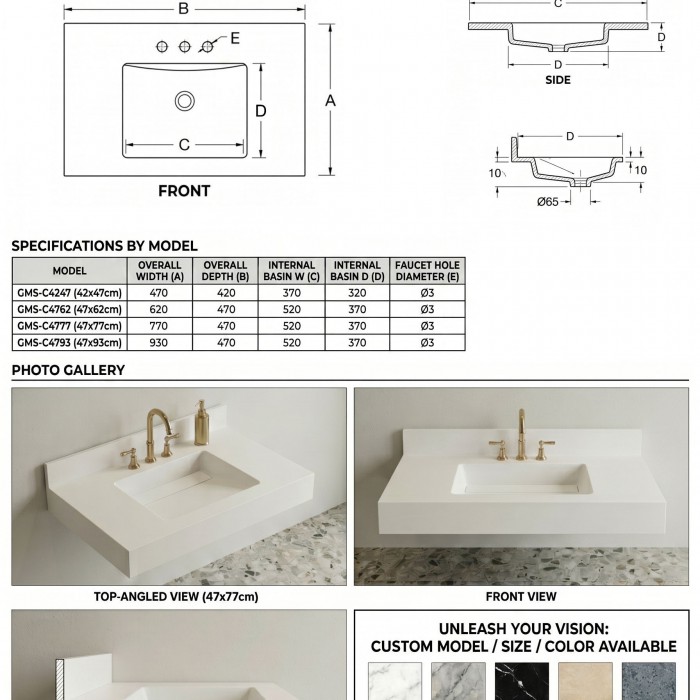 GMS-Concelaed S3 Kültür Mermeri Banyo Lavabosu ve Tezgahı