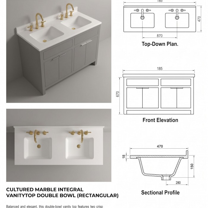 GMS-Rectangular-D Kültür Mermeri Banyo Lavabosu ve Tezgahı